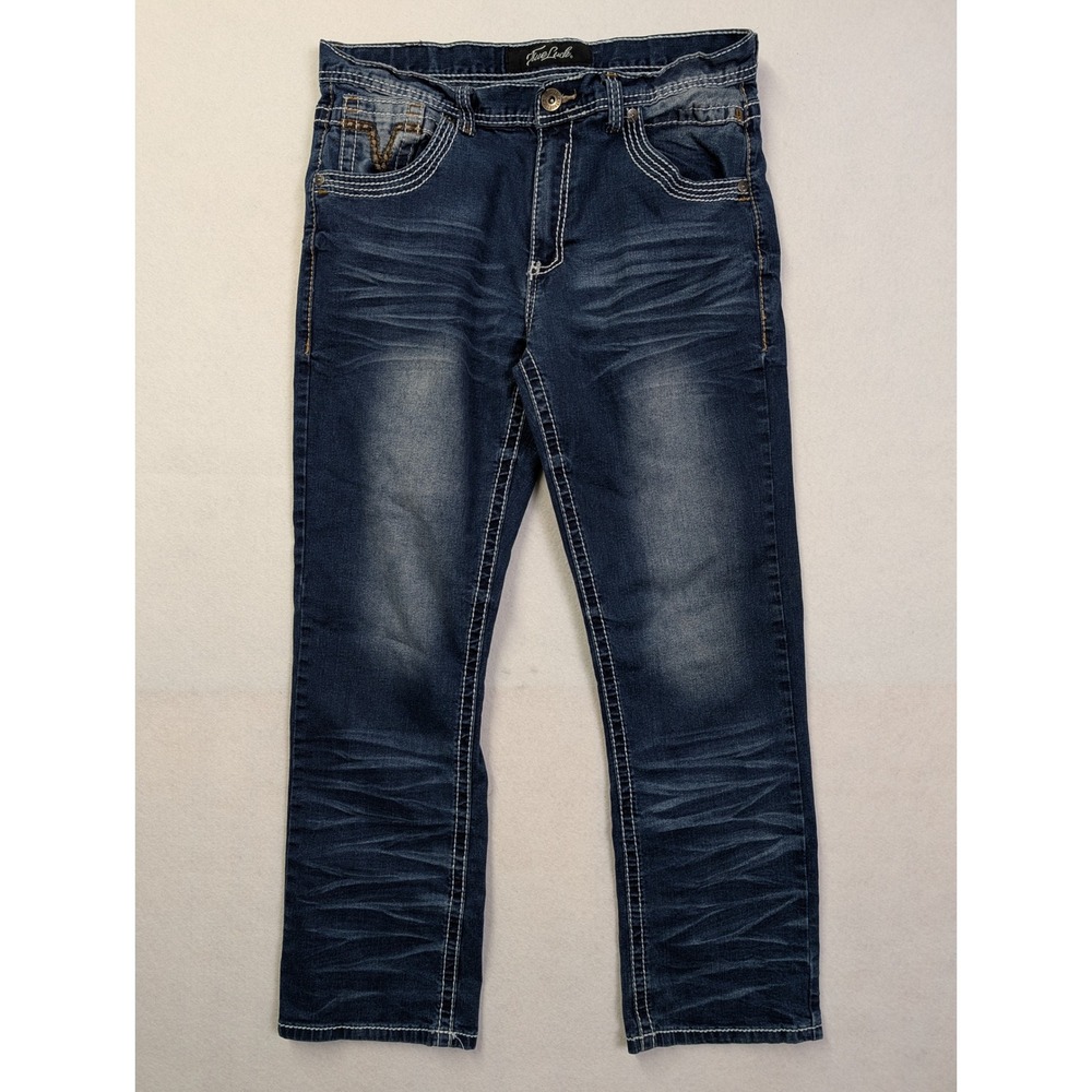 True Luck Mens Jeans 34 x 30 Straight Leg Contrast Stitch Dark Wash Blue